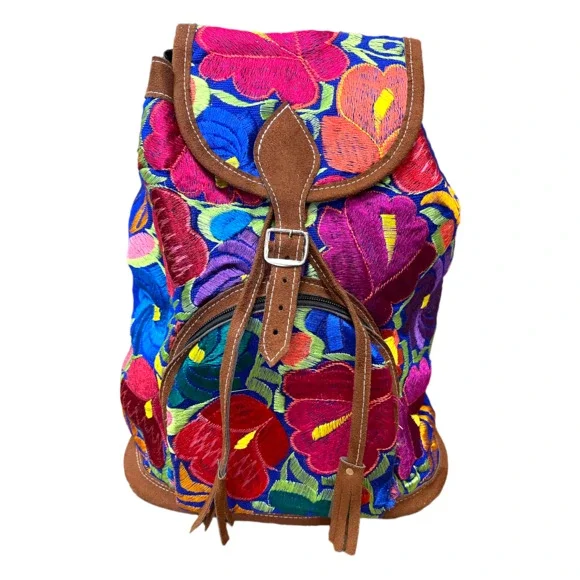 Jalapa Leather Backpack with Multicolor Embroidery Mexican Embroidered Leather Backpack - Etsy main image 3
